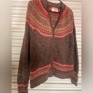 VTG Tiara International Full Zip Cardigan Sweater Jacket Fair Isle Pink Green SM
